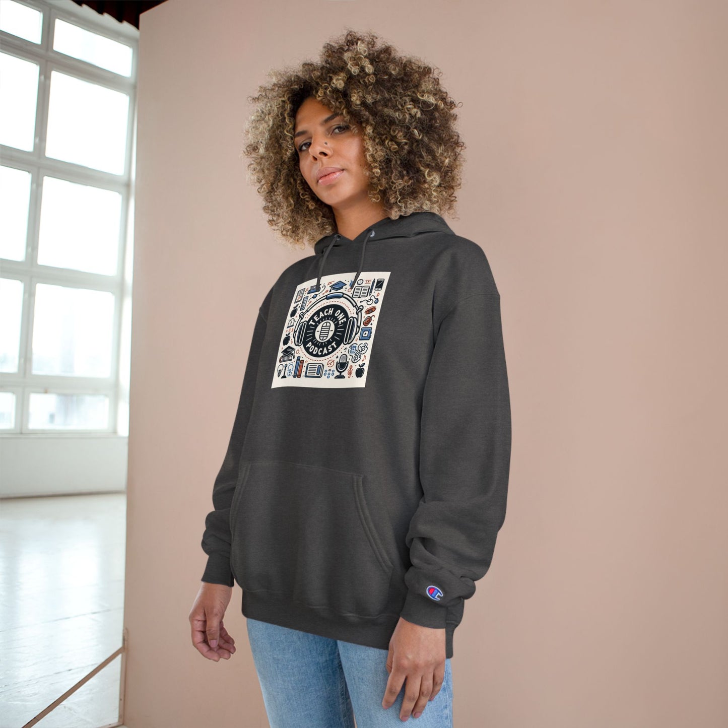 Retro-Inspired Champion Hoodie, Cozy Streetwear, Perfect Gift for Music Lovers, Unisex Casual Wear, Vintage Style Sweatshirt
