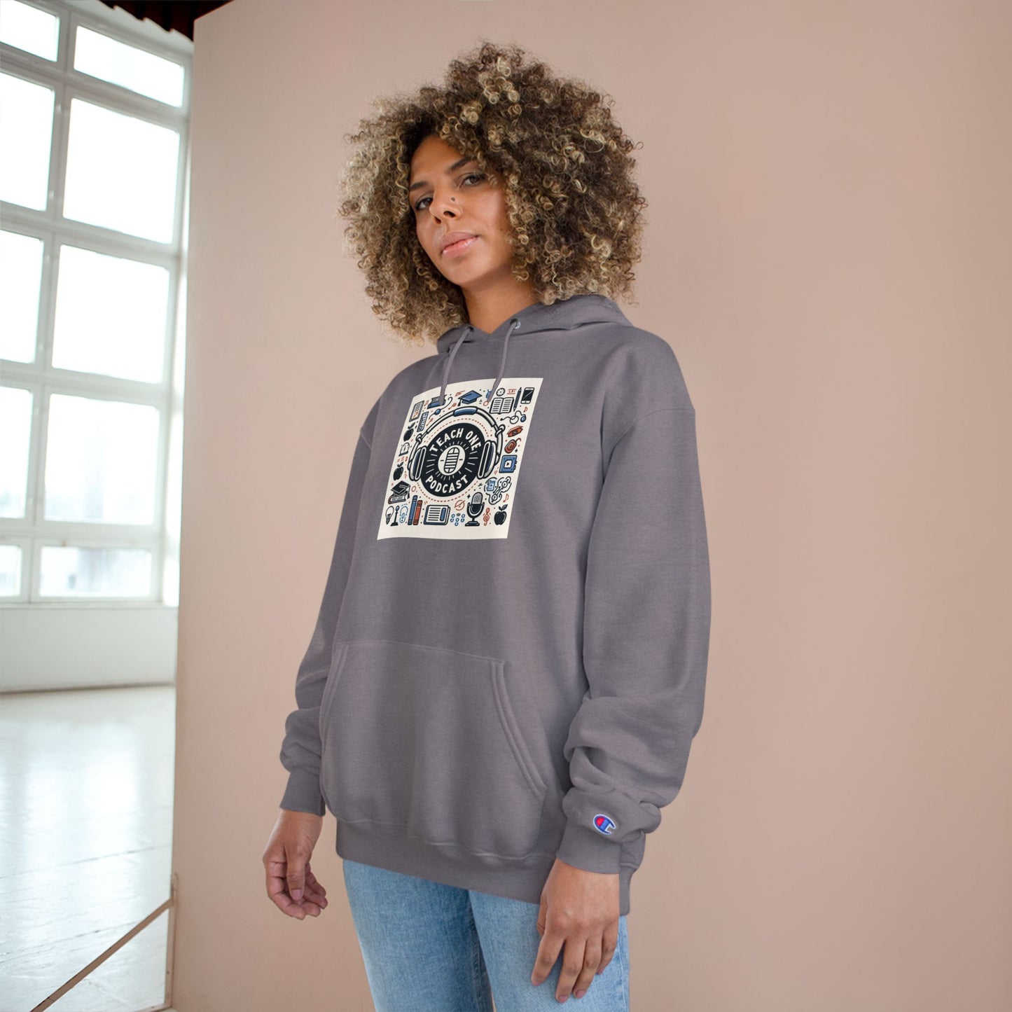 Retro-Inspired Champion Hoodie, Cozy Streetwear, Perfect Gift for Music Lovers, Unisex Casual Wear, Vintage Style Sweatshirt
